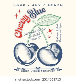 Vintage pontilhado cereja design gráfico, cereja azul slogan tipografia texto impressão design, escrita à mão caligrafia fonte , cereja fruta ilustração cartaz design, vintage arte de impressão gráfica,