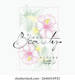 Vintage Doted flowers print, Beauty of nature slogan text print design. flowers hibiscus botanical art style. printed t-shirt design for men and women's, summer tropical flowers. flower graphic in 