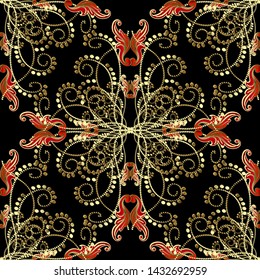 Vintage dotted 3d vector seamless pattern. Textured ornamental arabesque background. Gold glitters. Glittering line art tracery floral ornament. Damask flowers, leaves. Golden sparkle dots, circles