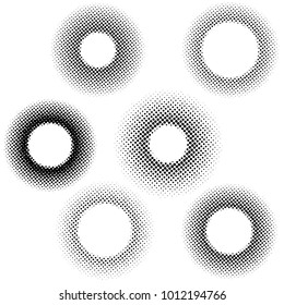 Vintage dotted halftone circle pattern collection. Radial Gradient Design pop art template. Vector illustration