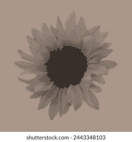 Vintage dotted halftone, magazine shapes collage illustration, sunflower flower, isolated dot pattern.