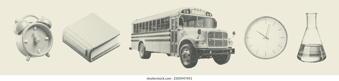 Vintage dotted halftone set. Y2K photocopy effect, anti-design, mixed media collage. Grunge stipple texture. Back to school. School bus, clock, book, and flask. Retro vibe.