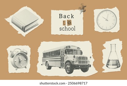 Vintage gepunkteter Halbtonsatz. Y2K-Fotokopieeffekt, Anti-Design, Collage mit gemischten Medien. Grunge stipple Textur. Zurück zur Schule. Schulbus, Uhr, Buch und Flasche. Aufgerissener Papierhintergrund, Retro-Stimmung.