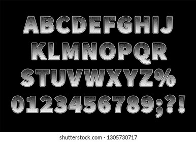 Vintage dotted sans serif font on black background. Capital letters with numbers.