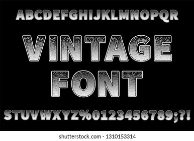 Vintage dotted sans serif font on black background. Capital letters with numbers.