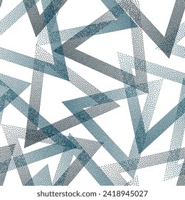 Vintage dotwork triangles vector seamless pattern. Geometric recurring background with dots texture. Gradient triangles of chevron dots seamless ornament. Simple shapes grid.