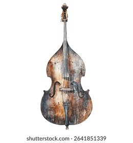 Vintage double bass vector illustration. Rustic, textured watercolor effect. Musical instrument artwork perfect for jazz themes, classical music concert banner. Old upright bass.