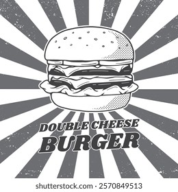 Vintage double cheeseburger graphic for street food advertisement design. Retro style fast food restaurant sign illustration, vector.