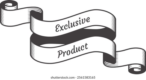 Vintage double ribbon banner waving and swirling, featuring the phrase exclusive product, perfect for enhancing retail and marketing materials with a touch of elegance and style