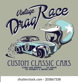 Vintage Drag Race Car For Printing.vector Old School Poster.