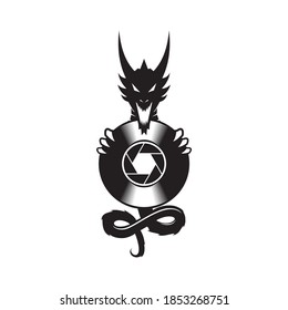 vintage dragon holding a vinyl disc jockey vector icon