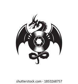 vintage dragon holding a vinyl disc jockey vector icon
