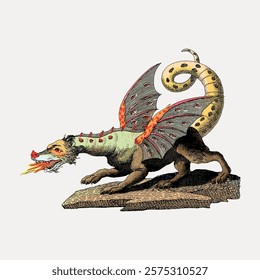 Vintage dragon illustration with colorful wings, fiery breath, and a long tail. The dragon, with vibrant wings and fiery breath, stands on a rocky surface. Vintage animal illustration isolated, vector