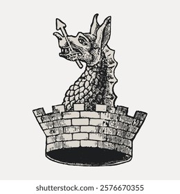 Vintage dragon illustration with a dragon head emerging from a castle turret. Detailed dragon scales and castle bricks. Dragon and castle theme. Isolated vintage art illustration vector element.