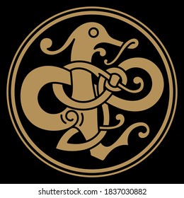 Vintage Dragon. Illustration in the Scandinavian Celtic style, isolated on black, vector illustration