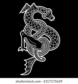 Vintage Dragon. Illustration in the Scandinavian Celtic style, isolated on white, vector illustration