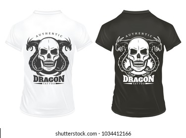 Vintage dragon prints template with skull and inscription on black and white shirts isolated vector illustration