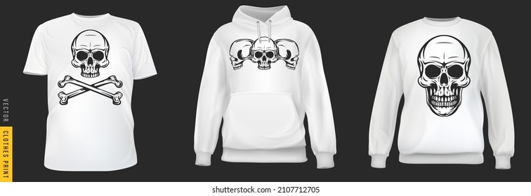 Vintage Draw Skull Print. Set Realistic T-shirt, Sweatshirt, Hoodie Base Cloth Isolated On Simple Background. Mockup For Branding Man Or Woman Fashion. Design Casual Template. 3d Vector Illustration.