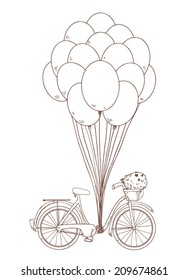 Vintage drawing bike with party balloons, basket with flowers. Vector illustration isolated on white background