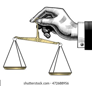 Vintage drawing of hand with old Weight Scales. Vector illustration