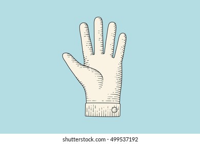 Vintage Drawing Of Hand Sign Stop Hand Gesture In Engraving Retro Style, Isolated On Color Background. Old Drawing Of Stop Hand For Signs, Information Signs And Navigation. Vector Illustration