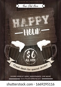 Vintage drawing for a happy hour at the bar. Lettering with banner and beer mug on the grunge ray background. Black and white pattern EPS 10