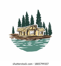 Vintage drawing of house and lake vector