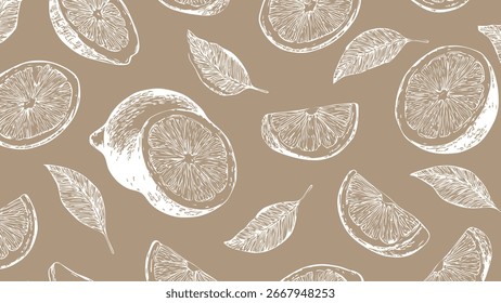 Vintage desenho apenas corte limão esboço exterior padrão. estilo caligrafia padrão branco no fundo marrom, estilo de esboço