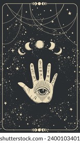 Vintage drawing of a palm with an eye for palmistry, numerology, tarot. Linear esoteric print on a black background. Vector magic linear illustration.