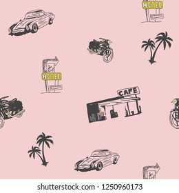 Vintage drawing pattern and repeating Seamless. Classic car, retro style, motel sing, palm tree pattern and textile design. Pink pastel shades, vector illustration. Fashionable print. 