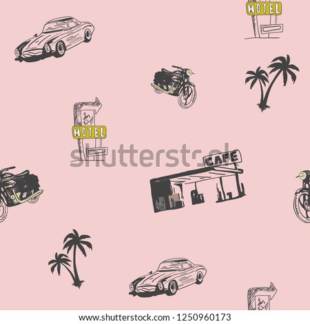 Vintage drawing pattern and repeating Seamless. Classic car, retro style, motel sing, palm tree pattern and textile design. Pink pastel shades, vector illustration. Fashionable print. 