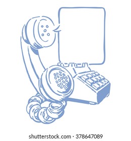 Vintage drawing of a push button phone with an empty talk bubble coming from the corded receiver