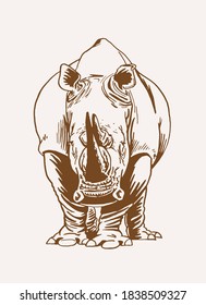 Vintage drawing of rhino , sepia background, vector illustration