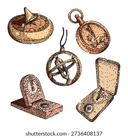 Vintage drawing set featuring antique time telling tools and navigation devices like a pocket sundial, armillary sphere, and compass, illustrating historical science concepts