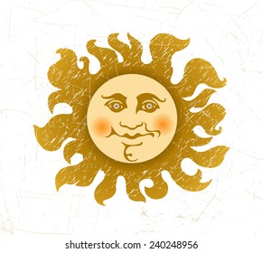 Vintage drawing of the sun with beams. Sun disk with a human face. Style of a retro.