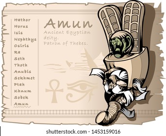 Vintage drawing for tattoo and t-shirt, on the theme of Egyptian gods, skull and mummy. God Amun.