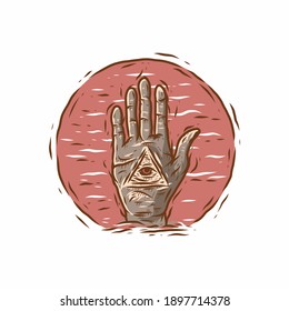 Vintage drawing of triangle eye in hand illustration logo