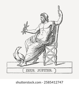 Vintage drawing of Zeus (Jupiter), the supreme god of Greek mythology, seated with an eagle and a lightning bolt.