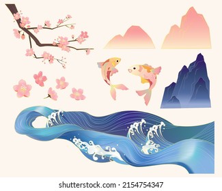 Dibujos vintage de olas de ríos, peces koi, flores de cerezo y montañas. Elementos orientales aislados en un fondo blanco.