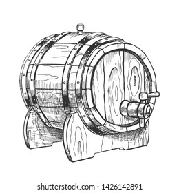 Vintage Drawn Barrel With Tap For Liquid Vector. Lying On Wooden Stand Brewing Equipment For Production, Storaging And Shipping Beer To Pub Tavern. Closeup Object Monochrome Cartoon Illustration
