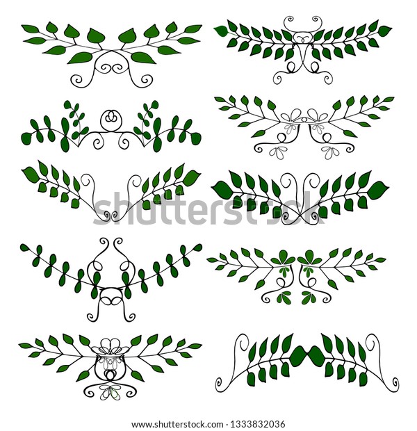 Vintage drawn, growing plants, leaves of border text\
dividers - vector set
