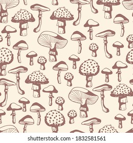 Vintage Drawn Mushrooms Vector Seamless Pattern