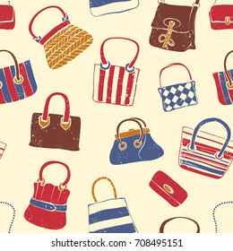 Vintage Drawn Seamless Pattern with Various Female Handbags
