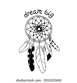 Vintage dreamcatcher with feathers and hand lettering Dream Big. Boho decoration ring illustration