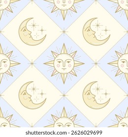 Vintage dreamy repeat pattern with golden sun, crescent moon and stars on a pastel blue and butter yellow checkered background. Celestial symbols retro print for fabric, wallpaper or wrapping paper.