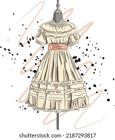 Vintage en el dibujo vectorial de boceto de mannequinas. Moda retro luce ilustración dibujada a mano. Ropa de tira en tonterías. Hermoso vestido de noche