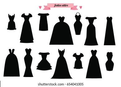 Vintage dresses silhouette vector set. Black retro illustration
