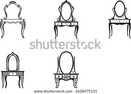 Vintage dressing table designs black and white vector illustration set