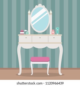 Vintage dressing table with mirror, table, chair and cosmetics. Flat style vector illustration.