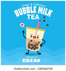 Vintage drink poster design with bubble milk tea, pearl milk tea, character.